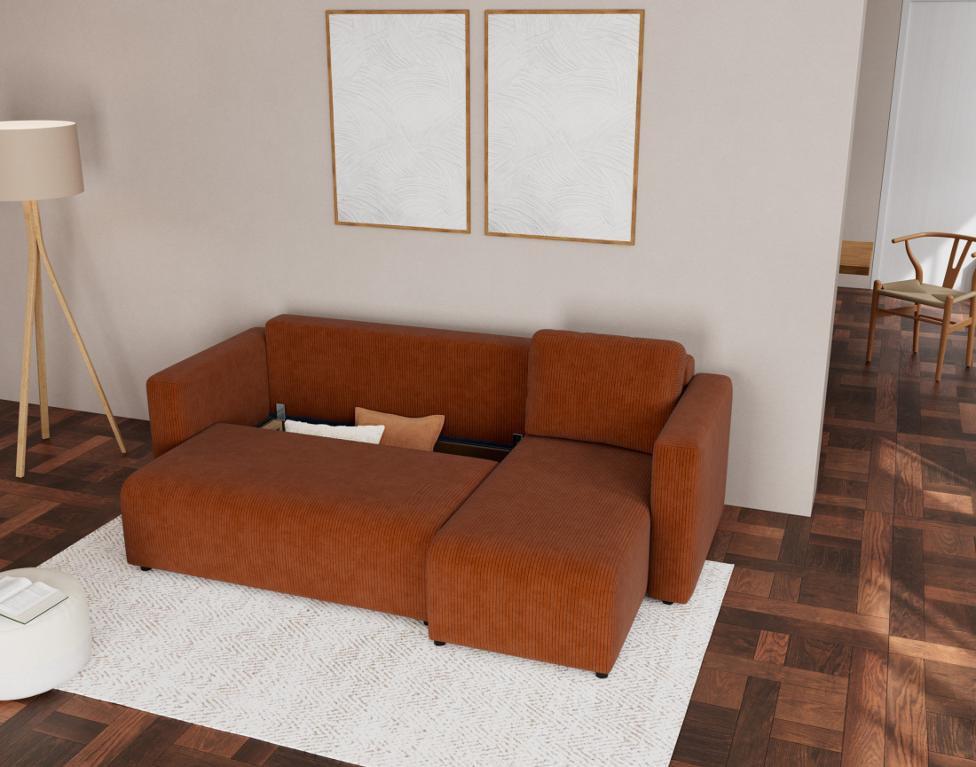 Canapé d'angle réversible 4 places convertible avec coffre en velours côtelé Canopy