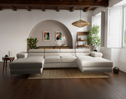 Canapé panoramique en U 7 places convertible avec coffres et têtières réglables en velours côtelé Pablo