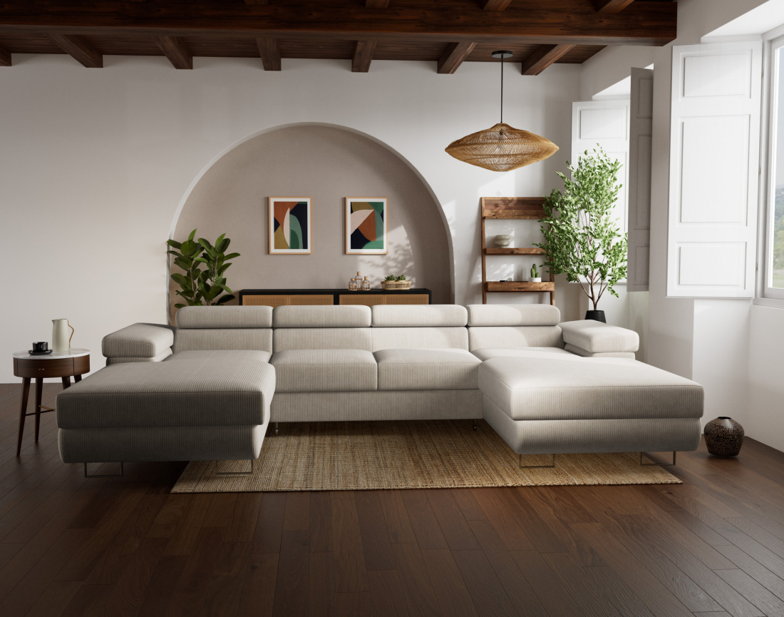 Canapé panoramique en U 7 places convertible avec coffres et têtières réglables en velours côtelé Pablo Canapé panoramique en U 7 places convertible avec coffres et têtières réglables en velours côtelé Pablo