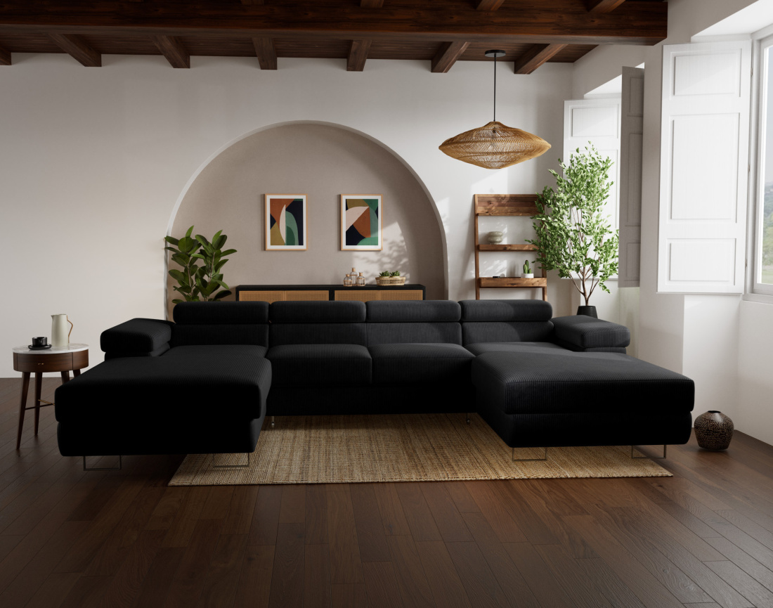 Canapé panoramique en U 7 places convertible avec coffres et têtières réglables en velours côtelé Pablo