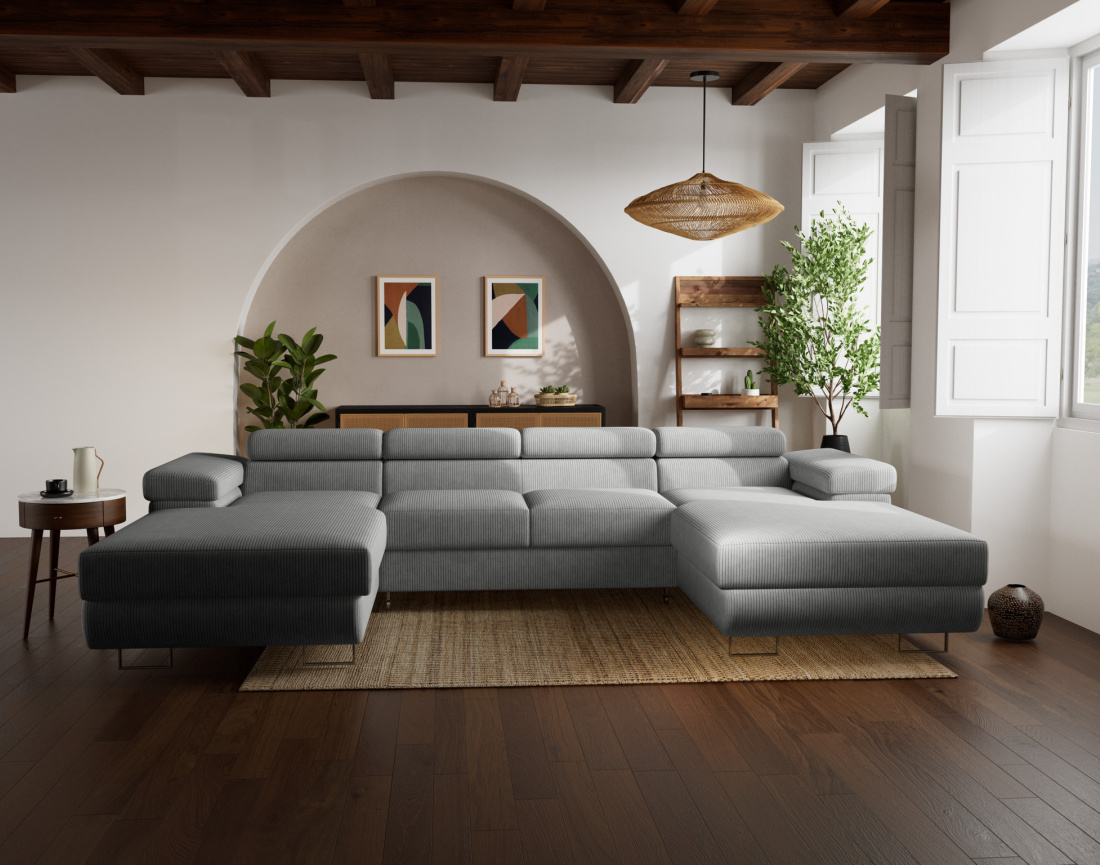 Canapé panoramique en U 7 places convertible avec coffres et têtières réglables en velours côtelé Pablo