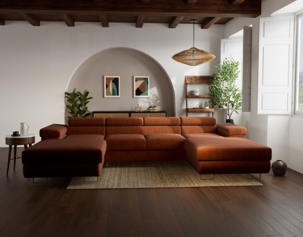 Canapé panoramique en U 7 places convertible avec coffres et têtières réglables en velours côtelé Pablo