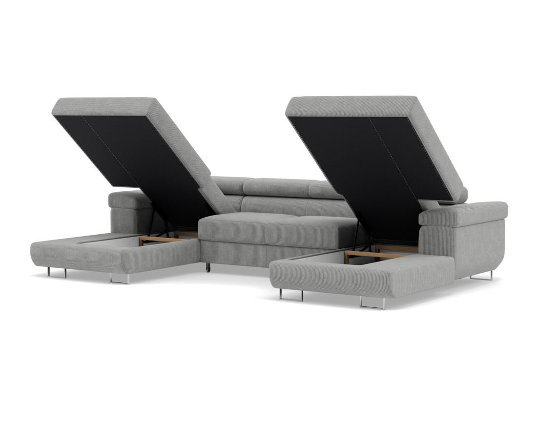 Canapé panoramique en U 7 places convertible avec coffres et têtières réglables en velours côtelé Pablo