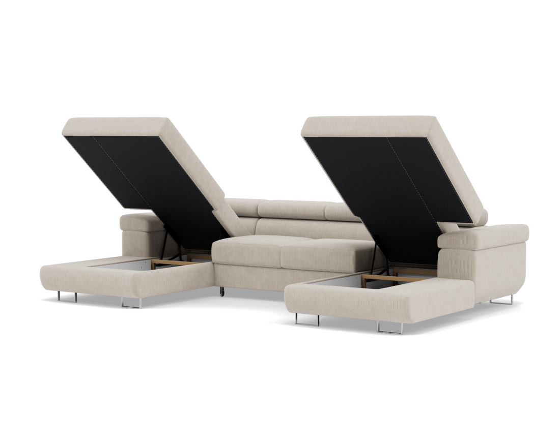 Canapé panoramique en U 7 places convertible avec coffres et têtières réglables en velours côtelé Pablo Canapé panoramique en U 7 places convertible avec coffres et têtières réglables en velours côtelé Pablo