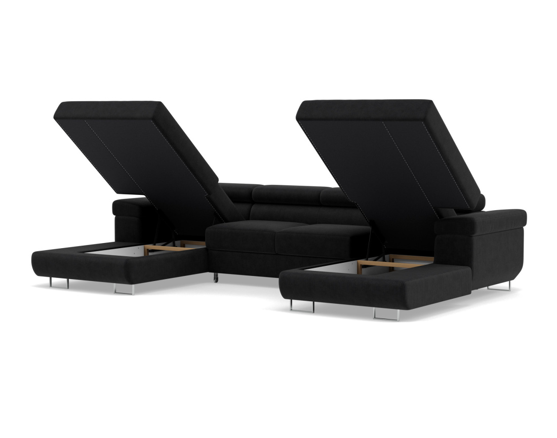 Canapé panoramique en U 7 places convertible avec coffres et têtières réglables en velours côtelé Pablo