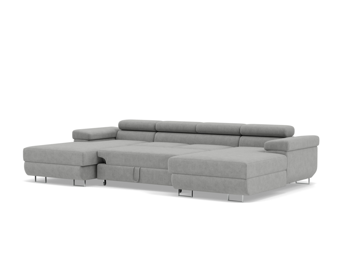 Canapé panoramique en U 7 places convertible avec coffres et têtières réglables en velours côtelé Pablo