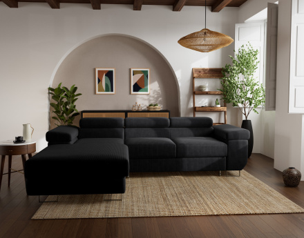 Canapé d'angle gauche 6 places convertible avec coffre et têtières réglables en velours côtelé Pablo