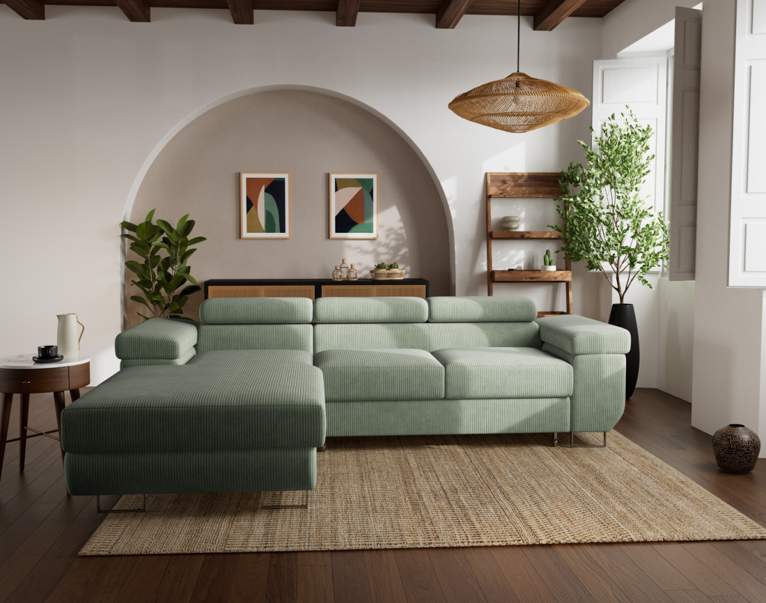 Canapé d'angle gauche 6 places convertible avec coffre et têtières réglables en velours côtelé Pablo