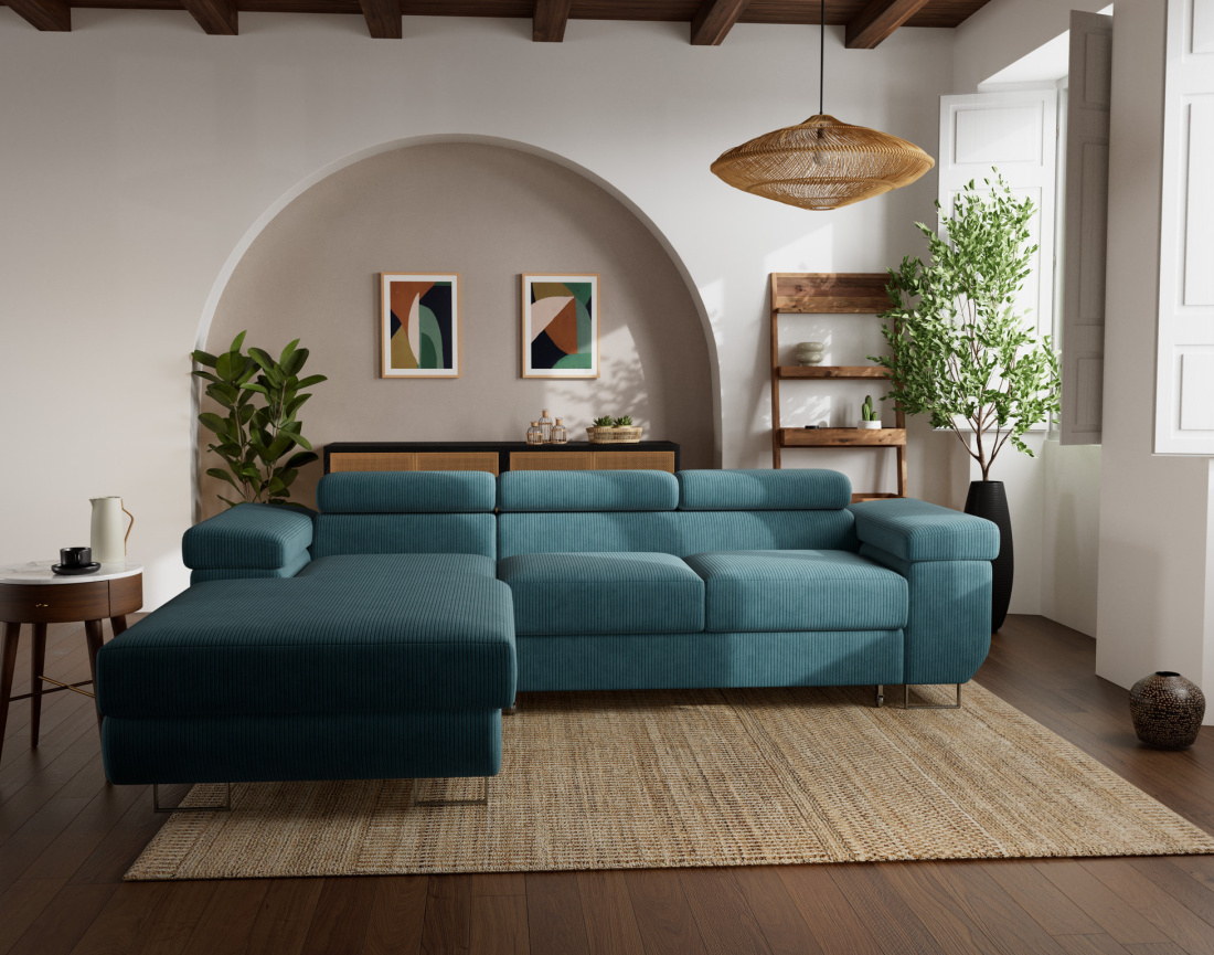 Canapé d'angle gauche 6 places convertible avec coffre et têtières réglables en velours côtelé Pablo