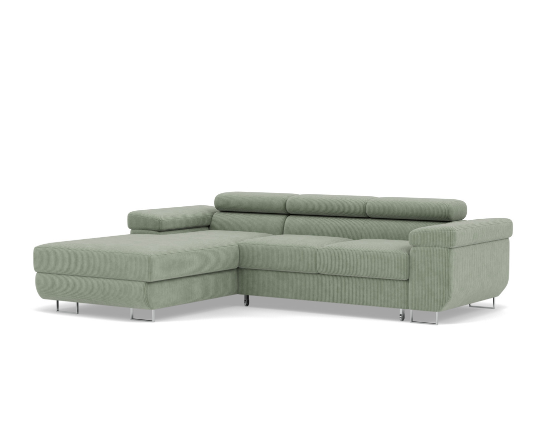 Canapé d'angle gauche 6 places convertible avec coffre et têtières réglables en velours côtelé Pablo