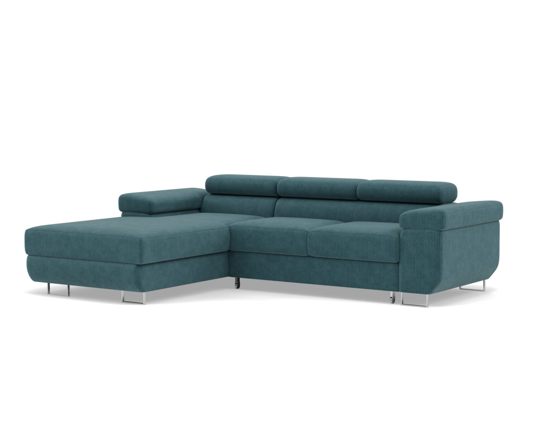 Canapé d'angle gauche 6 places convertible avec coffre et têtières réglables en velours côtelé Pablo
