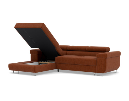 Canapé d'angle gauche 6 places convertible avec coffre et têtières réglables en velours côtelé Pablo