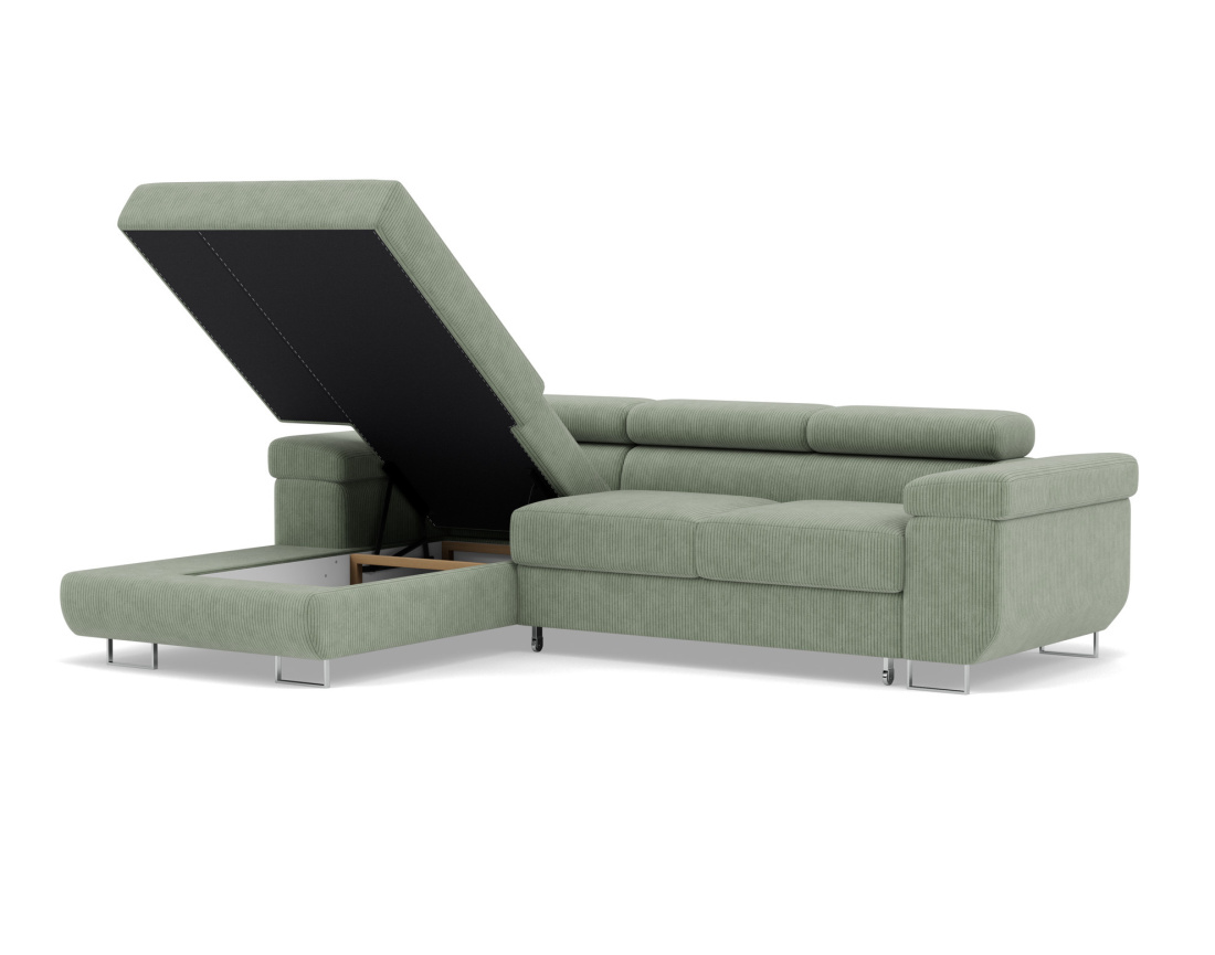 Canapé d'angle gauche 6 places convertible avec coffre et têtières réglables en velours côtelé Pablo