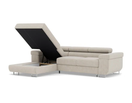 Canapé d'angle gauche 6 places convertible avec coffre et têtières réglables en velours côtelé Pablo