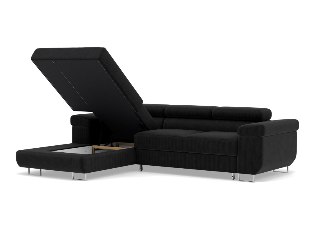 Canapé d'angle gauche 6 places convertible avec coffre et têtières réglables en velours côtelé Pablo