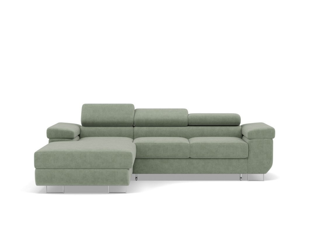 Canapé d'angle gauche 6 places convertible avec coffre et têtières réglables en velours côtelé Pablo