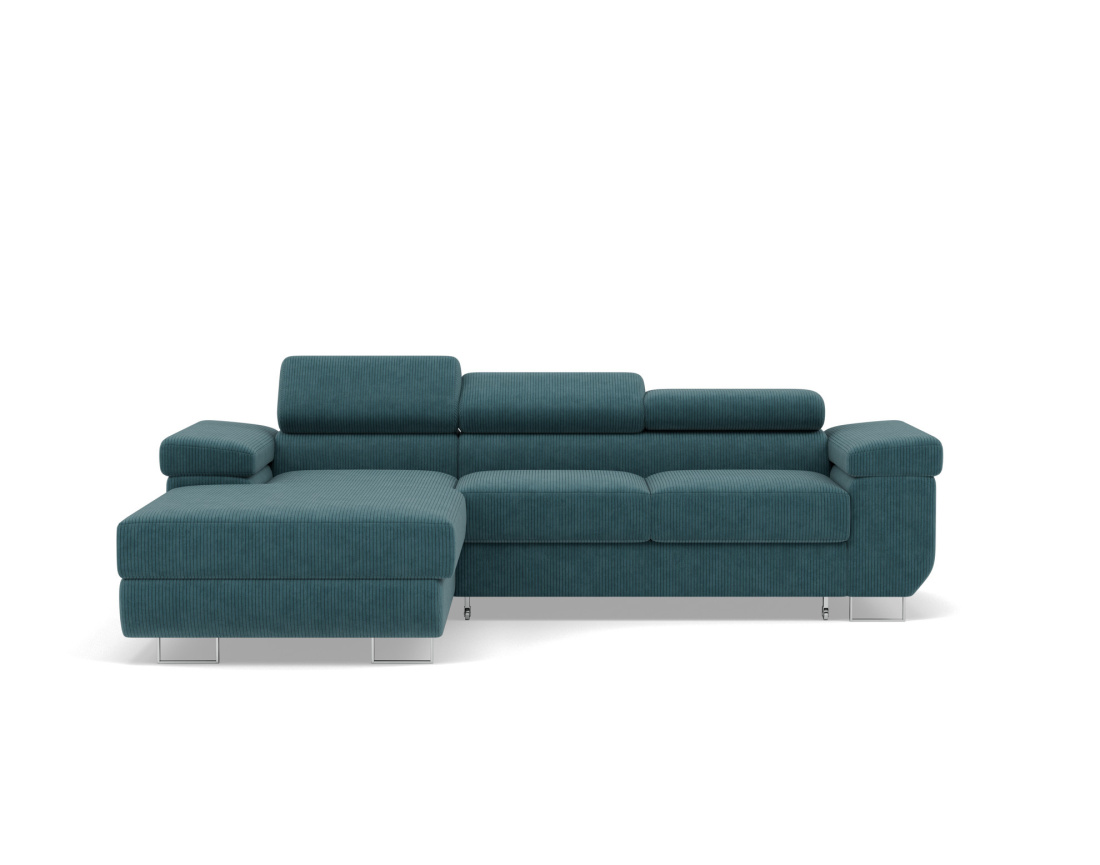 Canapé d'angle gauche 6 places convertible avec coffre et têtières réglables en velours côtelé Pablo