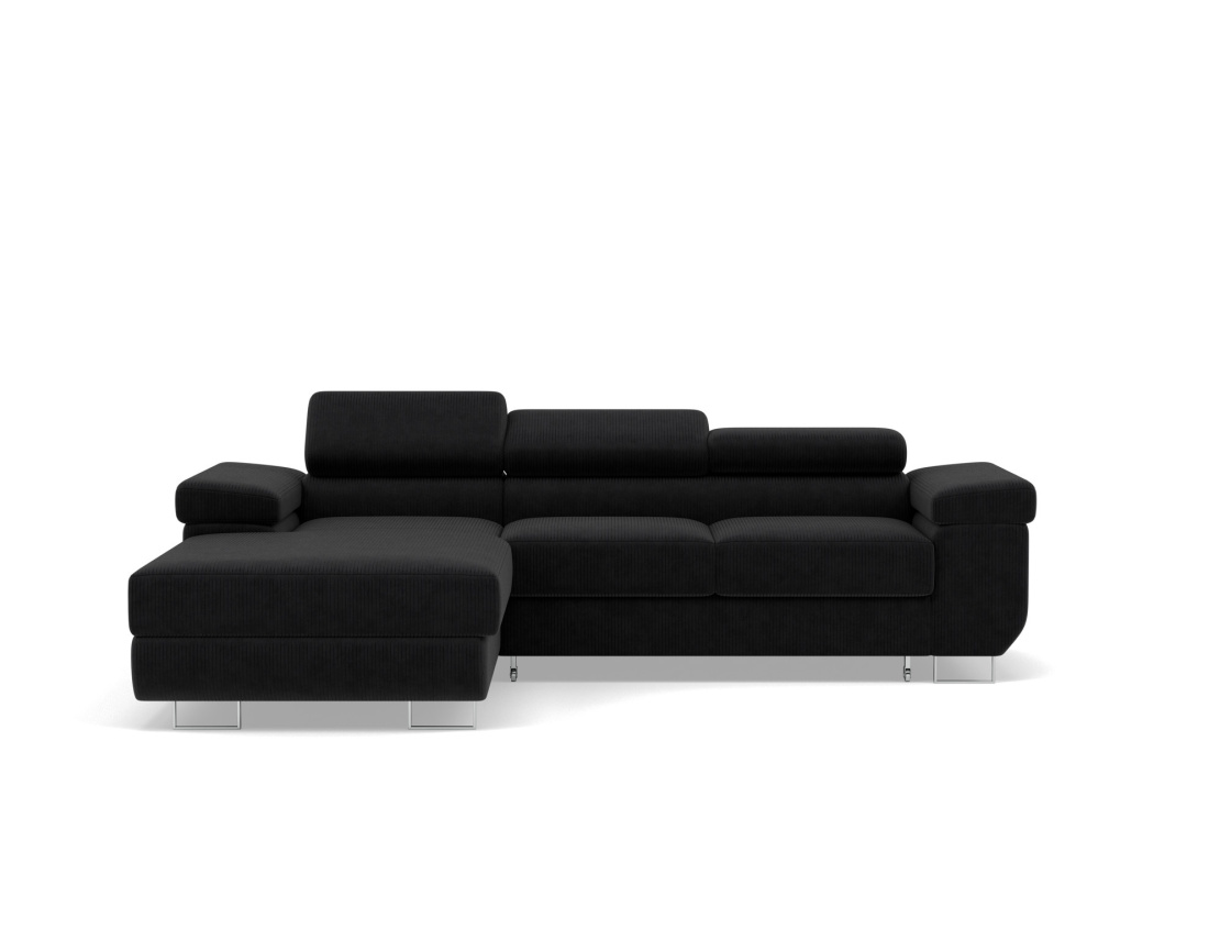 Canapé d'angle gauche 6 places convertible avec coffre et têtières réglables en velours côtelé Pablo