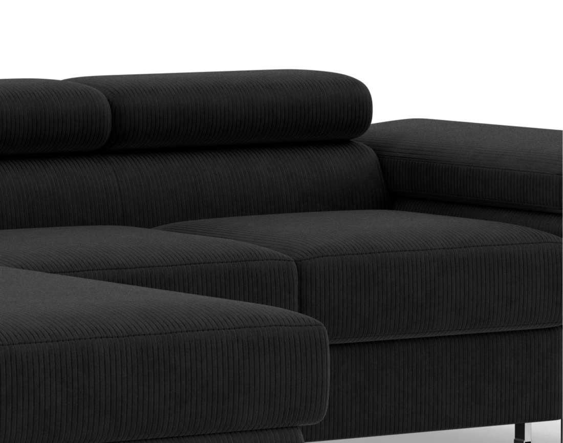 Canapé d'angle gauche 6 places convertible avec coffre et têtières réglables en velours côtelé Pablo