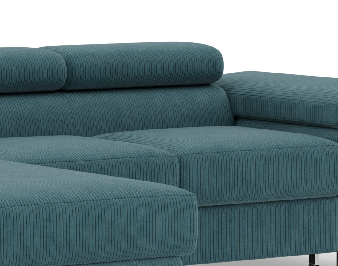 Canapé d'angle gauche 6 places convertible avec coffre et têtières réglables en velours côtelé Pablo