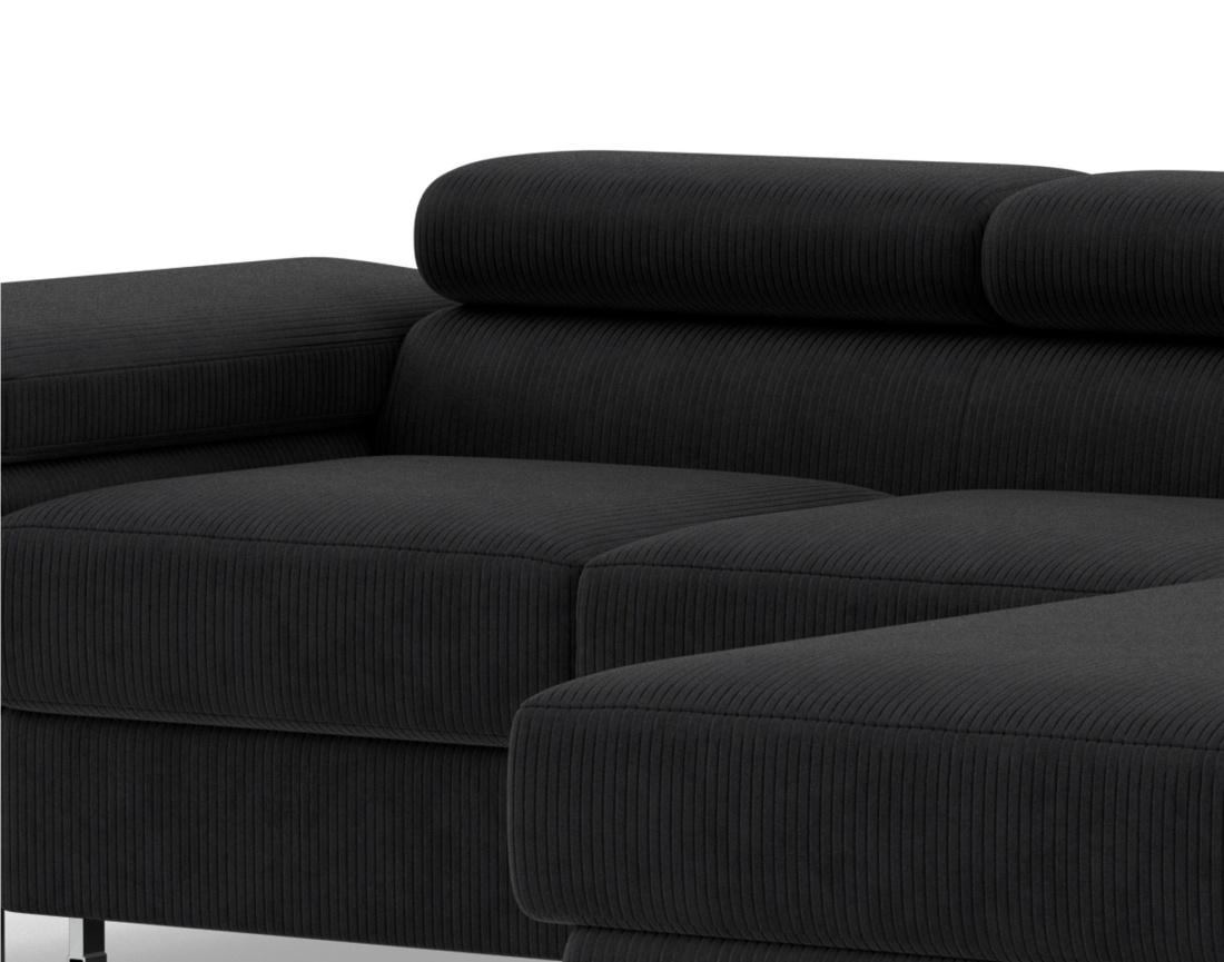 Canapé d'angle droit 6 places convertible avec coffre et têtières réglables en velours côtelé Pablo
