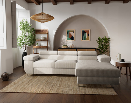 Canapé d'angle droit 6 places convertible avec coffre et têtières réglables en velours côtelé Pablo