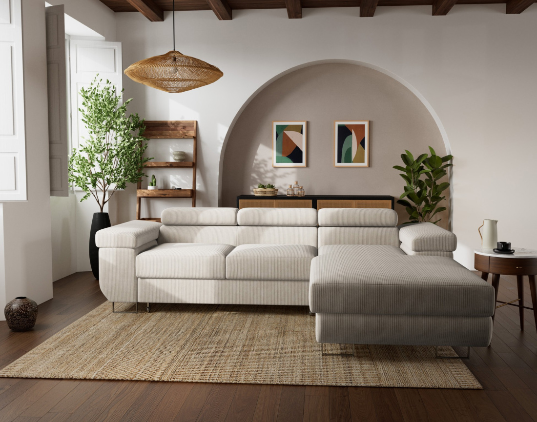 Canapé d'angle droit 6 places convertible avec coffre et têtières réglables en velours côtelé Pablo Canapé d'angle droit 6 places convertible avec coffre et têtières réglables en velours côtelé Pablo