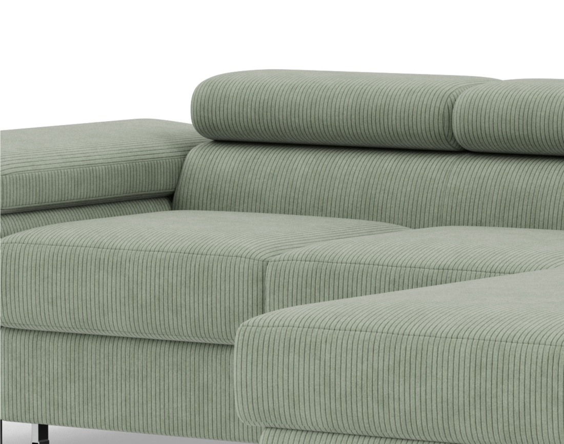 Canapé d'angle droit 6 places convertible avec coffre et têtières réglables en velours côtelé Pablo