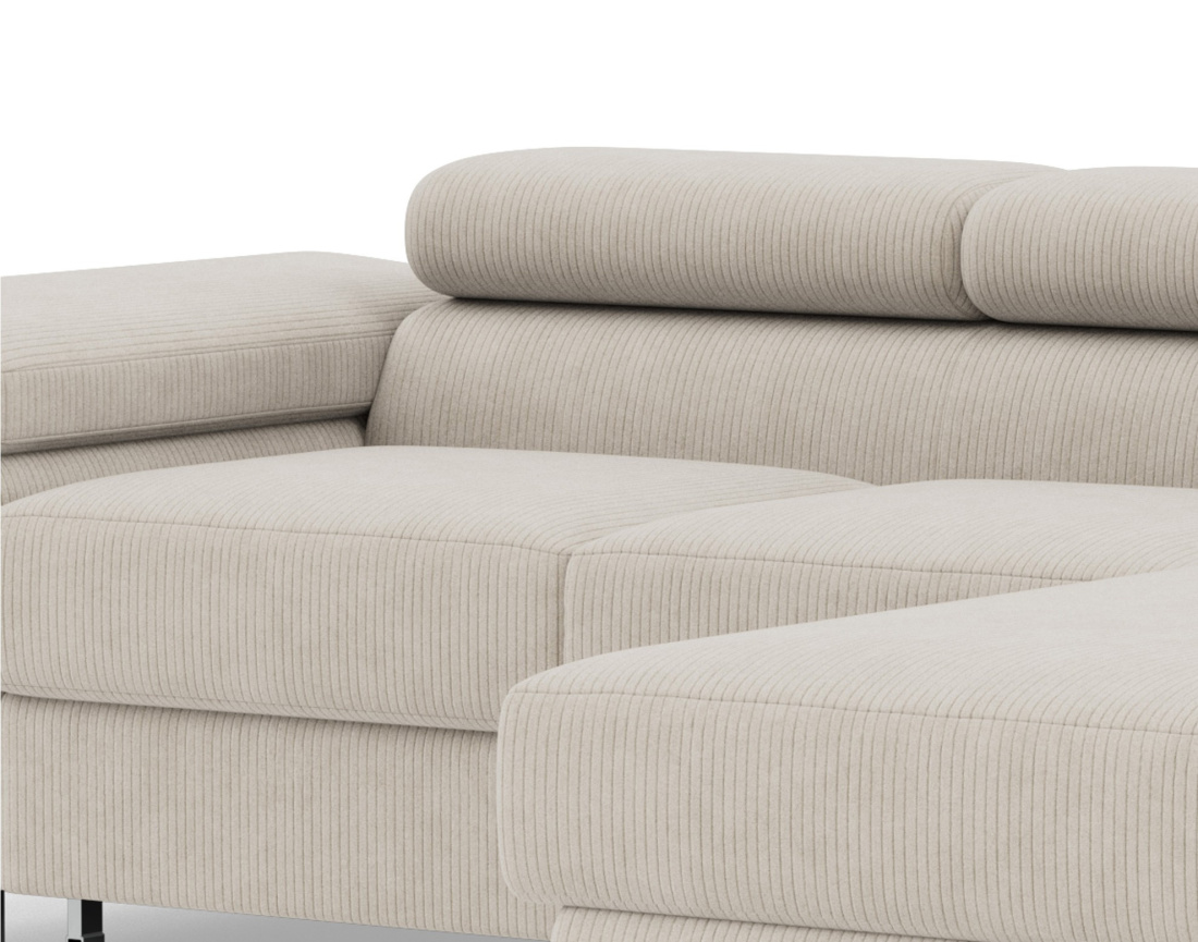 Canapé d'angle droit 6 places convertible avec coffre et têtières réglables en velours côtelé Pablo Canapé d'angle droit 6 places convertible avec coffre et têtières réglables en velours côtelé Pablo