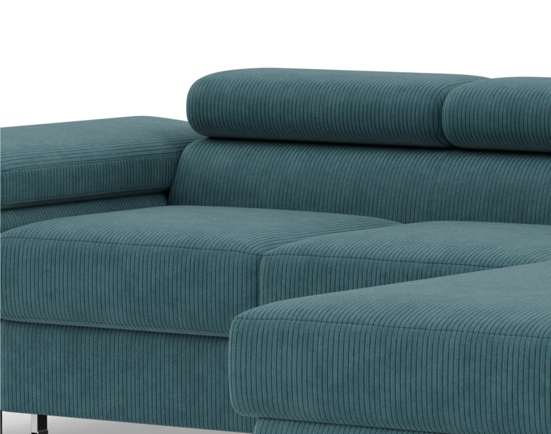 Canapé d'angle droit 6 places convertible avec coffre et têtières réglables en velours côtelé Pablo