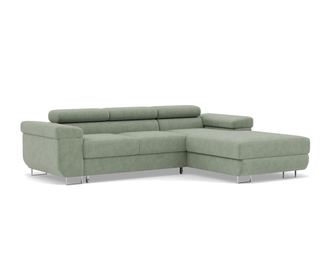 Canapé d'angle droit 6 places convertible avec coffre et têtières réglables en velours côtelé Pablo