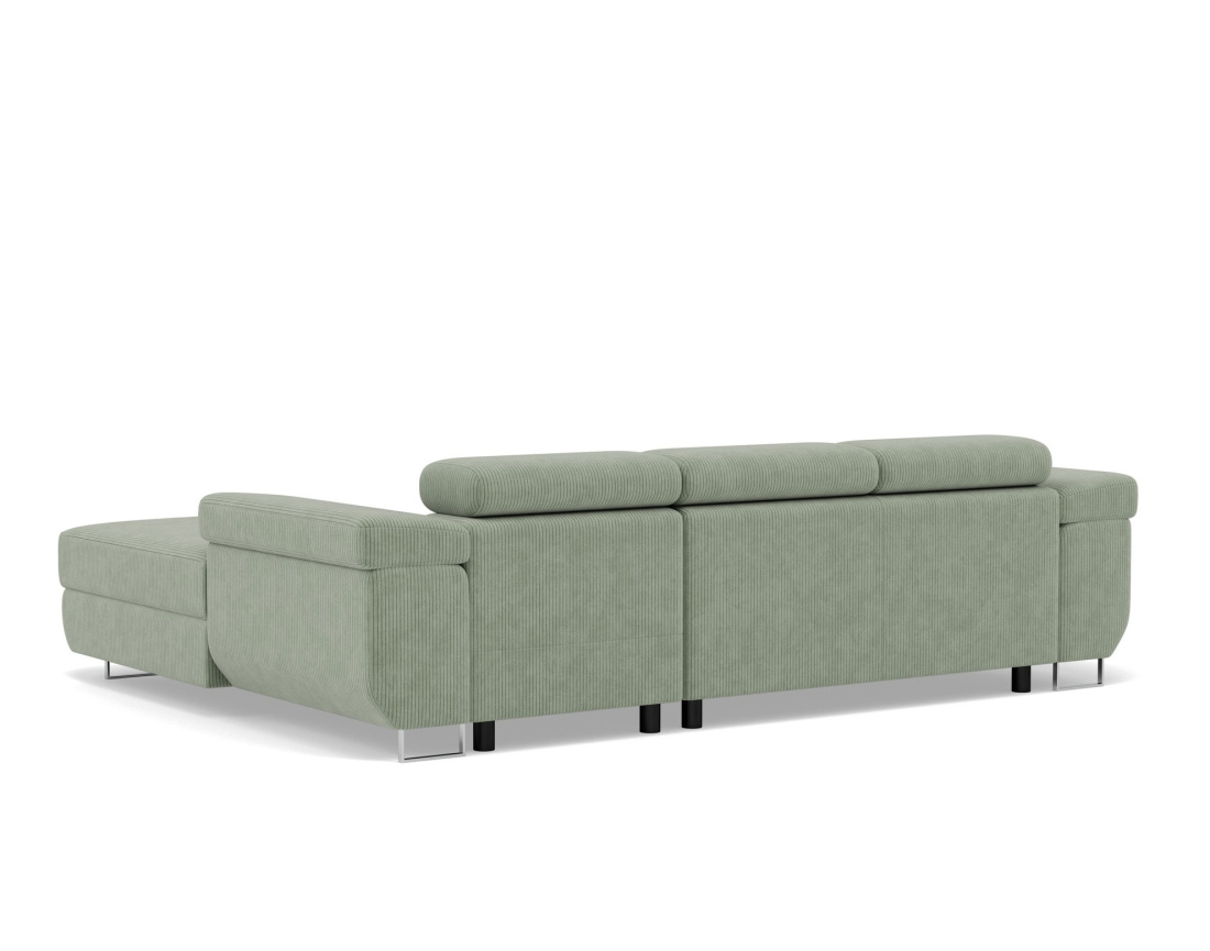 Canapé d'angle droit 6 places convertible avec coffre et têtières réglables en velours côtelé Pablo