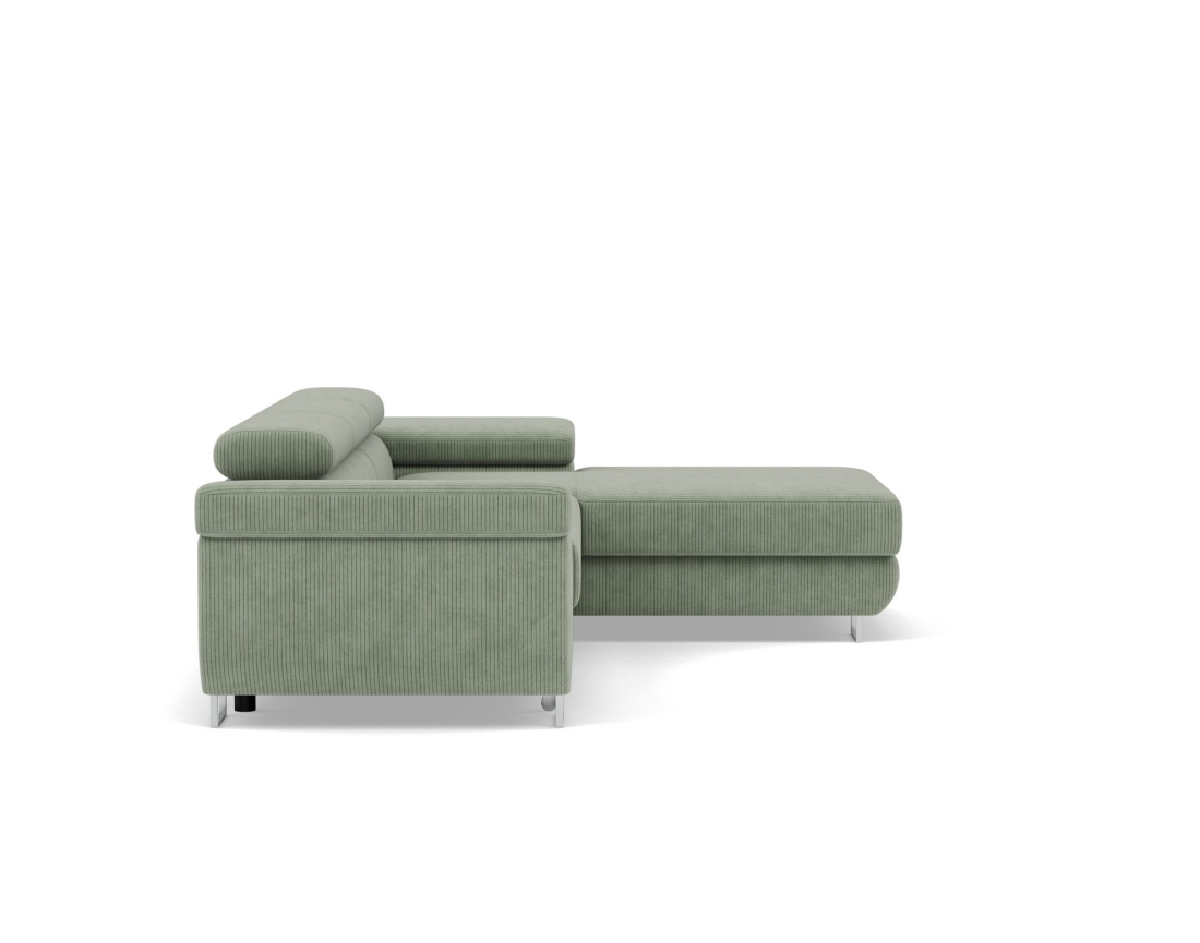 Canapé d'angle droit 6 places convertible avec coffre et têtières réglables en velours côtelé Pablo