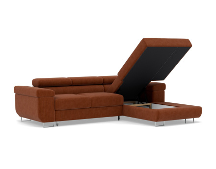 Canapé d'angle droit 6 places convertible avec coffre et têtières réglables en velours côtelé Pablo