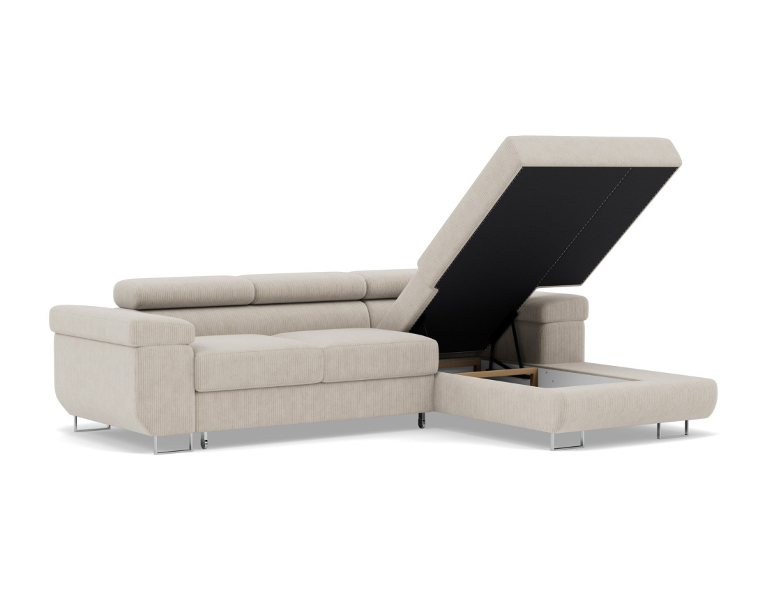 Canapé d'angle droit 6 places convertible avec coffre et têtières réglables en velours côtelé Pablo Canapé d'angle droit 6 places convertible avec coffre et têtières réglables en velours côtelé Pablo