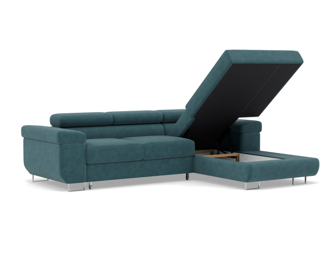 Canapé d'angle droit 6 places convertible avec coffre et têtières réglables en velours côtelé Pablo