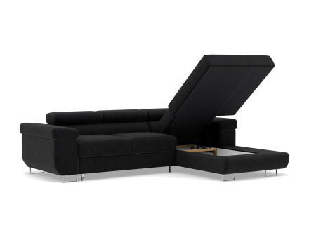 Canapé d'angle droit 6 places convertible avec coffre et têtières réglables en velours côtelé Pablo