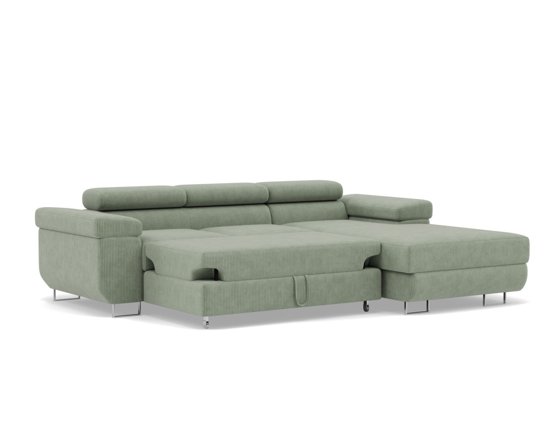 Canapé d'angle droit 6 places convertible avec coffre et têtières réglables en velours côtelé Pablo