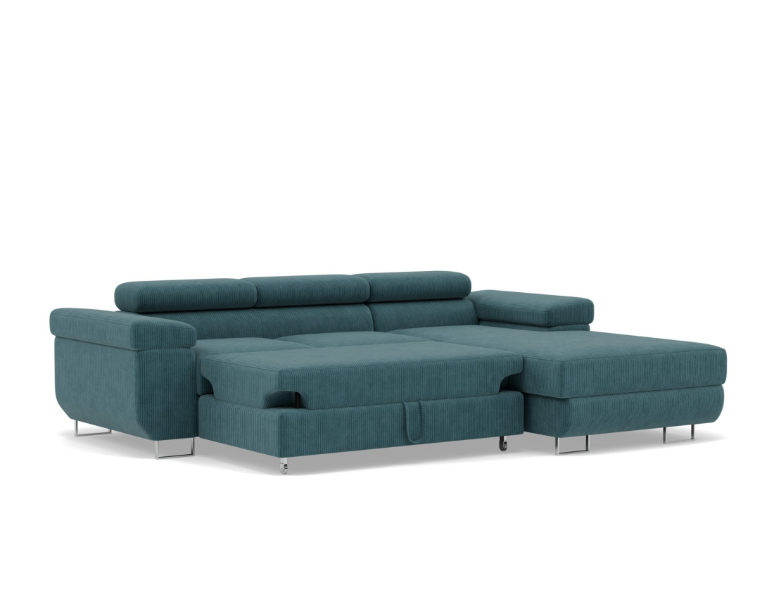 Canapé d'angle droit 6 places convertible avec coffre et têtières réglables en velours côtelé Pablo