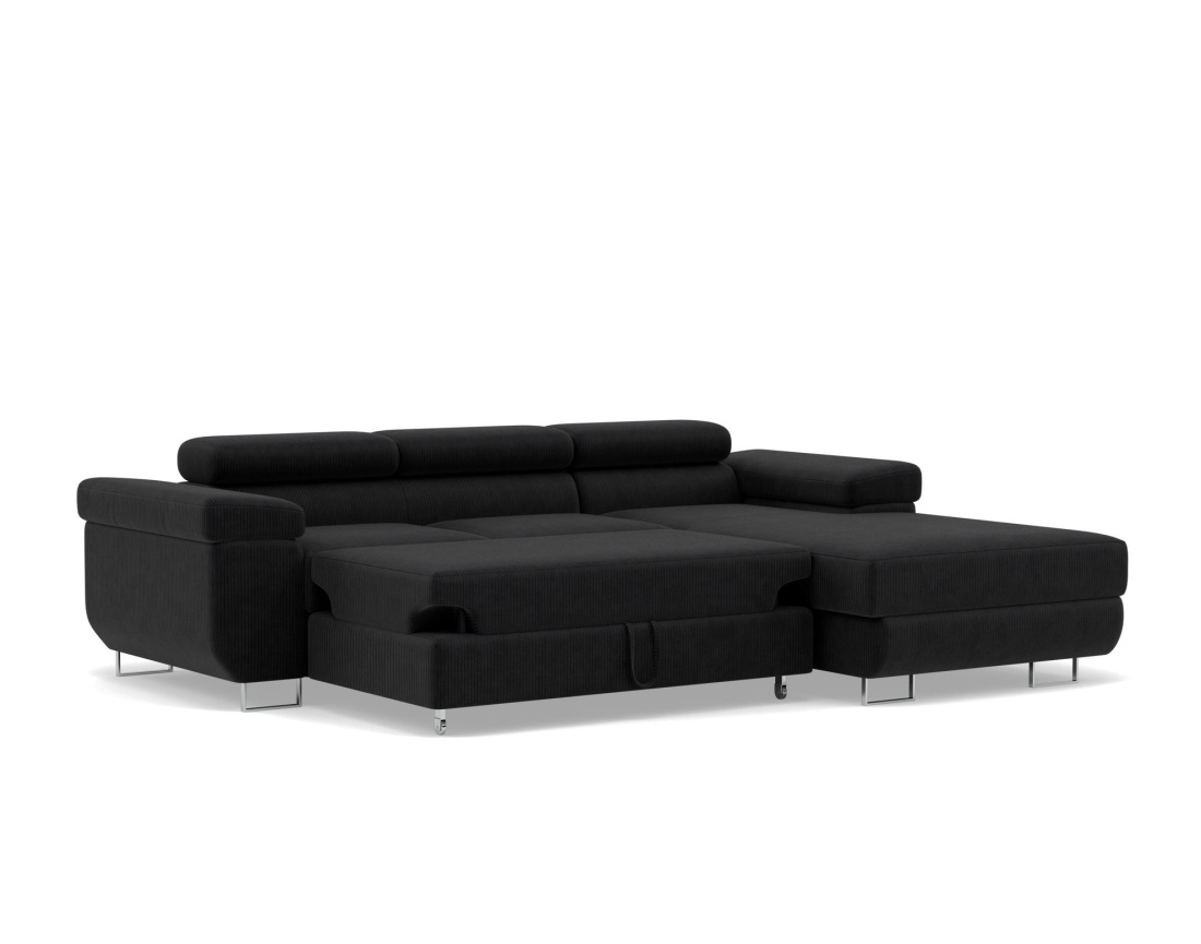 Canapé d'angle droit 6 places convertible avec coffre et têtières réglables en velours côtelé Pablo