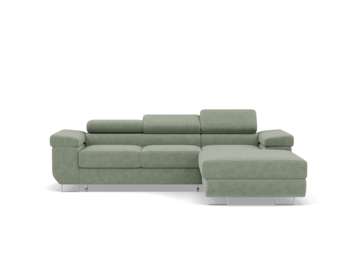 Canapé d'angle droit 6 places convertible avec coffre et têtières réglables en velours côtelé Pablo