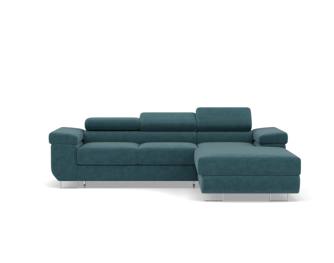 Canapé d'angle droit 6 places convertible avec coffre et têtières réglables en velours côtelé Pablo