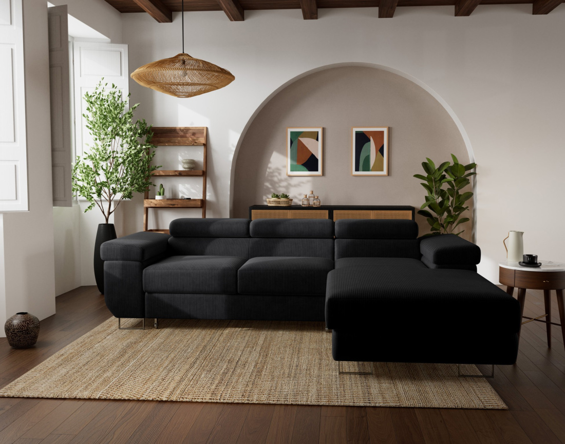 Canapé d'angle droit 6 places convertible avec coffre et têtières réglables en velours côtelé Pablo