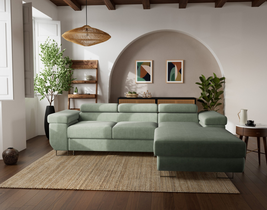 Canapé d'angle droit 6 places convertible avec coffre et têtières réglables en velours côtelé Pablo