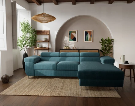 Canapé d'angle droit 6 places convertible avec coffre et têtières réglables en velours côtelé Pablo