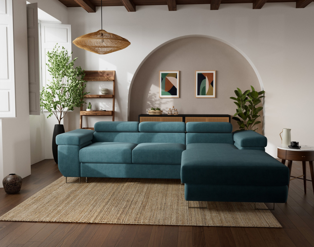 Canapé d'angle droit 6 places convertible avec coffre et têtières réglables en velours côtelé Pablo