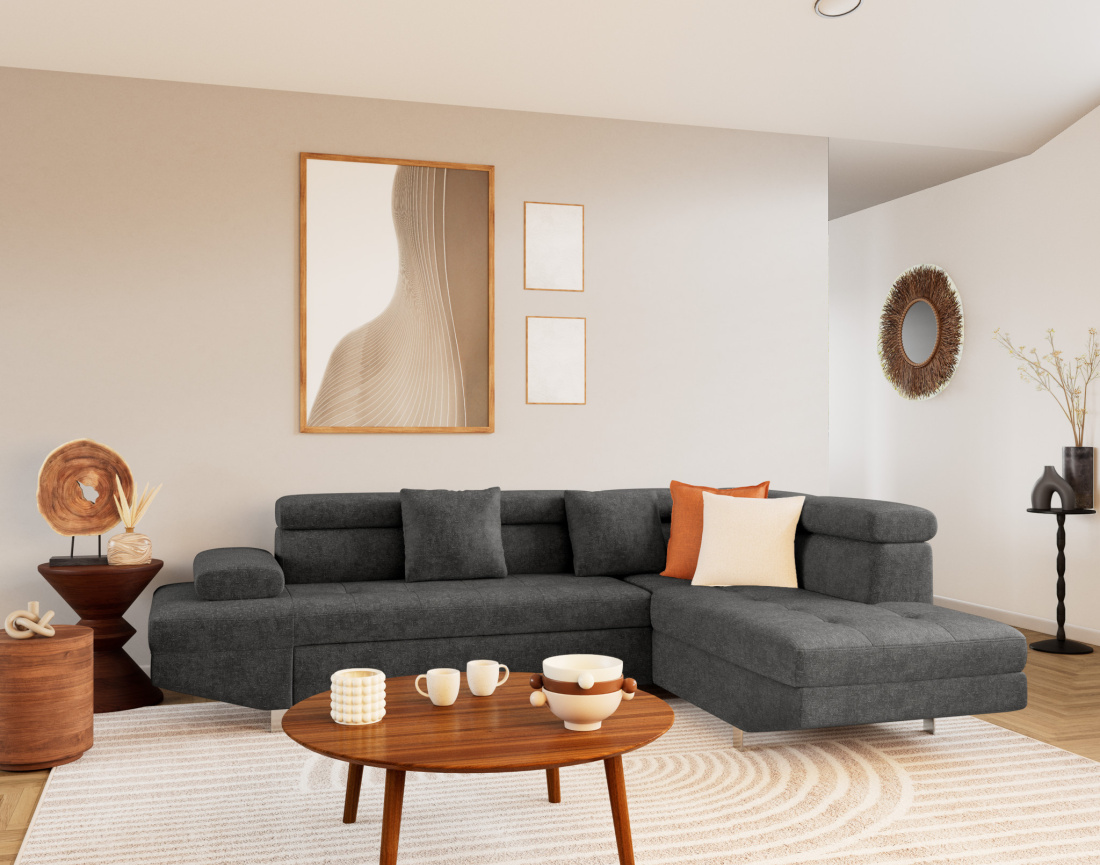 Canapé d'angle droit 5 places convertible avec coffre et têtières réglables en velours texturé Margaux Canapé d'angle droit 5 places convertible avec coffre et têtières réglables en velours texturé Margaux