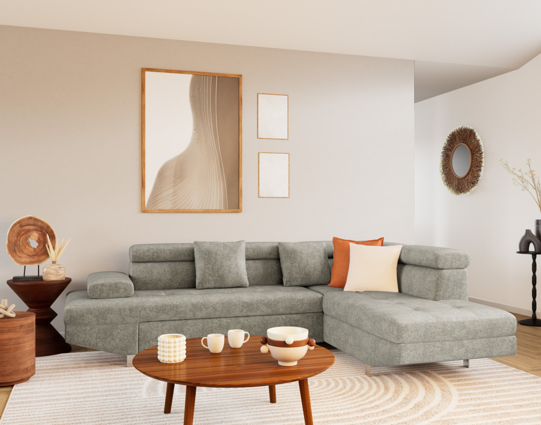 Canapé d'angle droit 5 places convertible avec coffre et têtières réglables en velours texturé Margaux