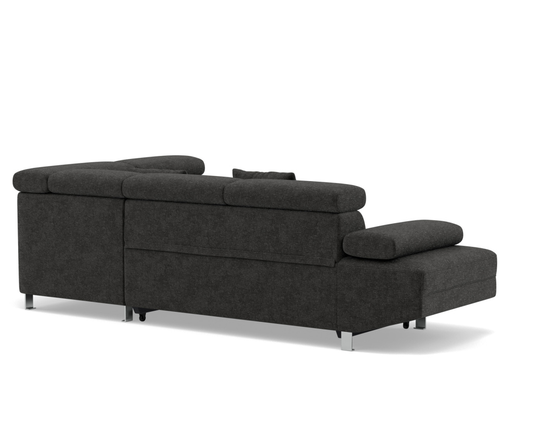 Canapé d'angle droit 5 places convertible avec coffre et têtières réglables en velours texturé Margaux Canapé d'angle droit 5 places convertible avec coffre et têtières réglables en velours texturé Margaux