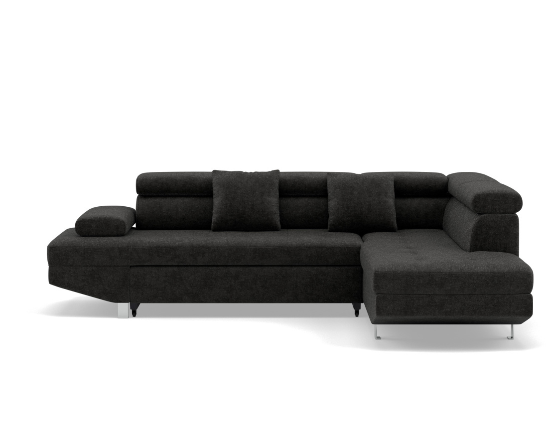 Canapé d'angle droit 5 places convertible avec coffre et têtières réglables en velours texturé Margaux Canapé d'angle droit 5 places convertible avec coffre et têtières réglables en velours texturé Margaux